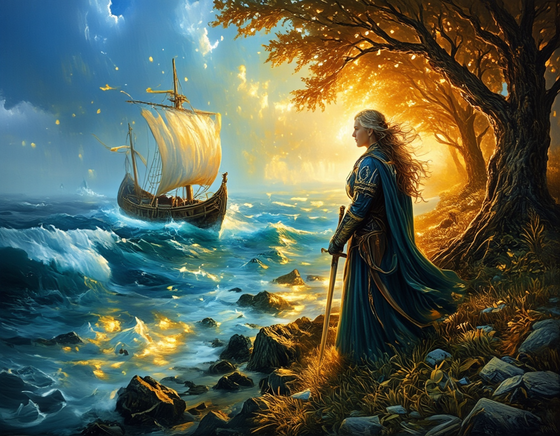 <lora:Medieval_Worlds_Scenery01cflux:1> mwl01, scenery, vegetation, rough sea, fantasy, gold, T4, blue, orange, yellow, bokeh, brown, tree, knight old woman, hair in the wind, sword, medieval boat,