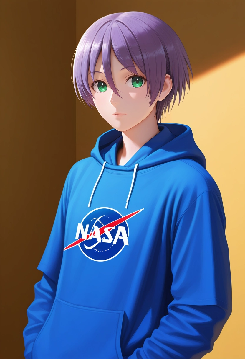 masterpiece, best quality, , semi-realistic, looking at viewer, 1boy, solo, male focus, <lora:nasa_yuzaki_ilxl:0.98>, nasa_yuzaki, purple hair, green eyes, short hair, hair between eyes, blue hoodie, ,