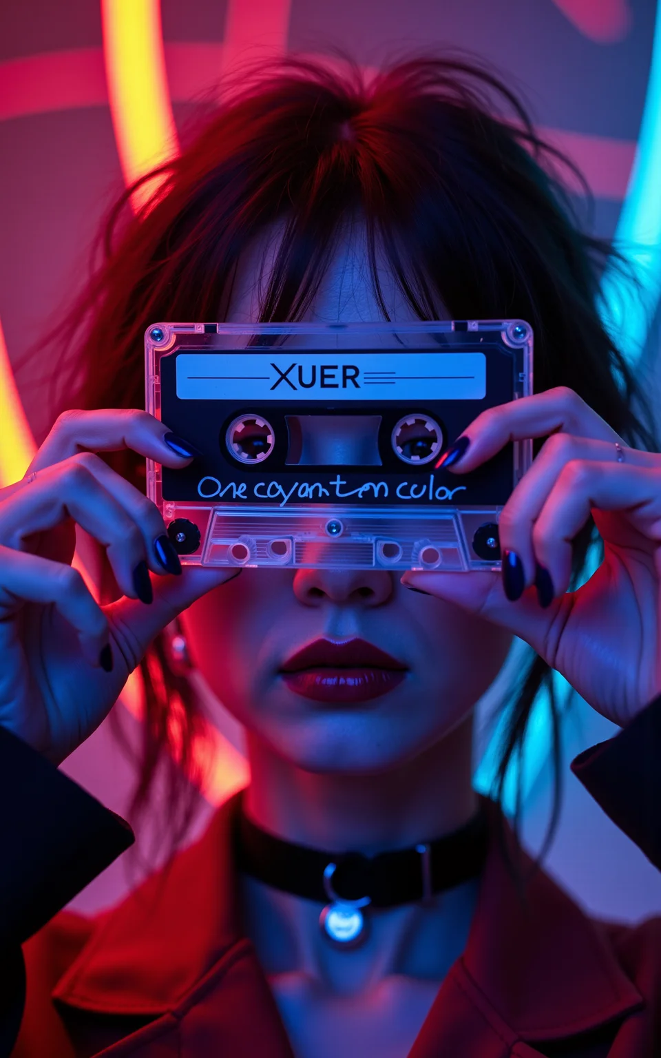A close-up of a woman holding a transparent cassette tape in front of her face. The cassette is positioned perfectly in the center, directly in front of her eyes, obscuring her facial features. On The clear cassette was written The text: "XUER One cyan ten color" Her nails are painted dark blue, and she is gripping the edges of the cassette with both hands. The womanâs lips are painted dark, and she is wearing a black choker with a silver ring in the center. The lighting is vibrant and neon, casting shades of red, blue, and purple across her face, hands, and the cassette tape. The background is a mix of abstract neon lights, featuring bold and glowing red and blue lines, creating a dynamic, futuristic atmosphere.
highly detailed,ultra-high resolution,32K UHD,sharp focus,best-quality,masterpiece,unconventional supreme masterpiece,masterful details,depth of field,blurry background,blurry foreground,motion blur,going really fast masterpiece,deep focus,
color graded cinematic,atmospheric lighting,award film grain,A shot with tension,(Visual impact,giving the poster a dynamic and visually striking appearance:1.2),impactful picture,
ultra-realistic,high dynamic range,photoreal,epic realistic,dark shot,shadows,(This is a real high-definition photo:1.1),with professional photography and high resolution,
contrast,layered colors,vivid colors,contrast,offcial art,movie perspective,very aesthetic,disheveled hair,perfect composition,intricate details,moody,epic,photorealistic,
intricate details,soothing tones,high contrast,natural skin texture,soft light,sharp,masterpiece,best quality,(ray tracing),sunlight,insanely interplay between lights and shadows,
