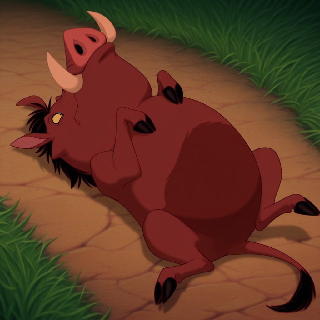 masterpiece, best quality, amazing quality, Pumbaalkil, feral, male, warthog, brownish-red fur, tusks, yellow sclera, black eyes, black hair, black tail tuft, hooves, lying, on back, in a grassy field