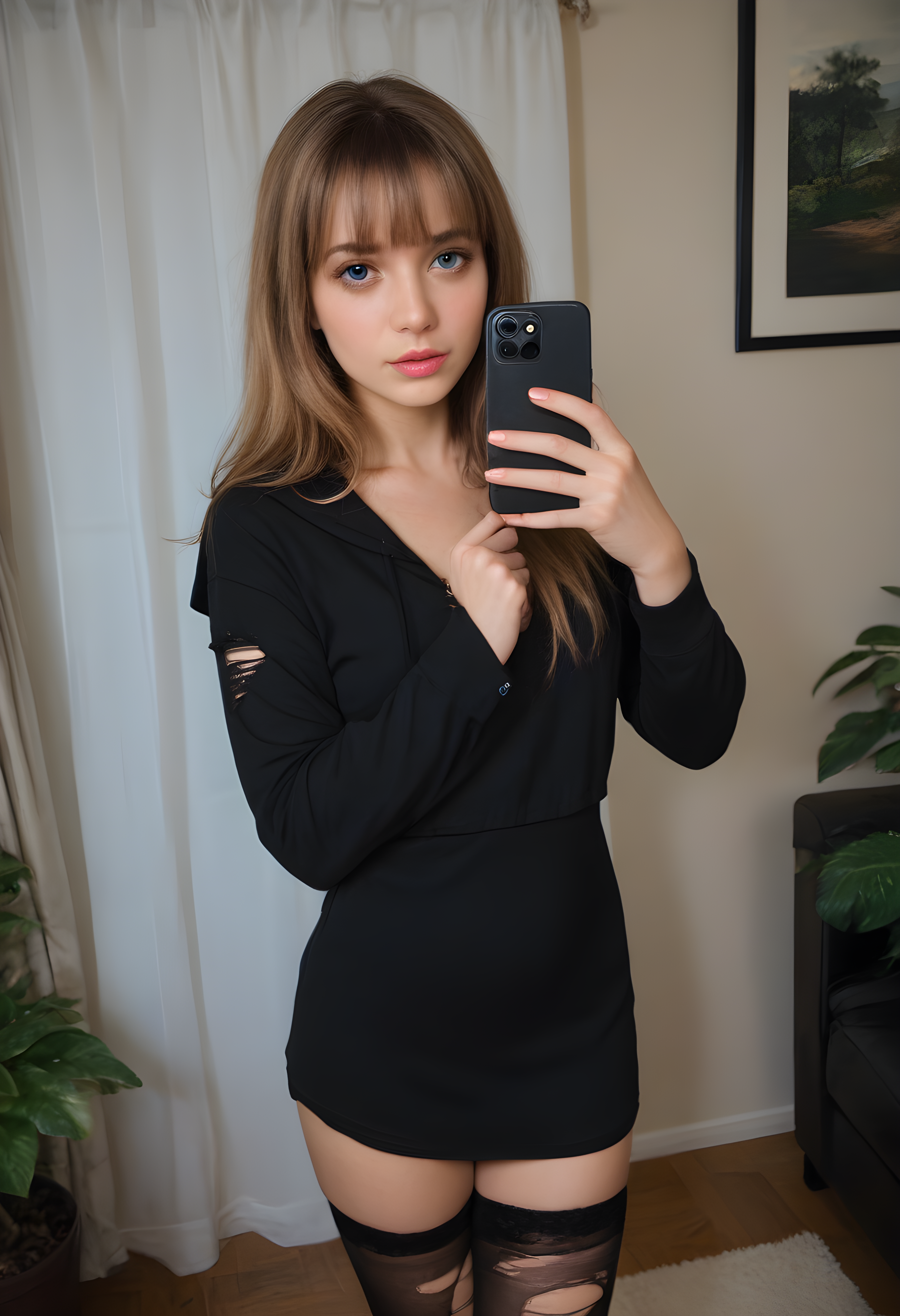 score_9, score_8_up, score_7_up, BREAK, The image shows a woman in a black dress and stockings taking a selfie in front of a white curtain. She is holding a mobile phone in her hand and there are plants on either side of her. At the bottom of the image, there is some text. realistic, 1girl, solo, bangs, blonde hair, brown hair, thighhighs, long sleeves, dress, standing, black thighhighs, indoors, hood, blunt bangs, black dress, torn clothes, plant, curtains, fishnets, torn thighhighs,  photo, real hair, detailed skin, highly detailed, detailed skin, film grain, <lora:zy_AmateurStyle_v2:0.45>