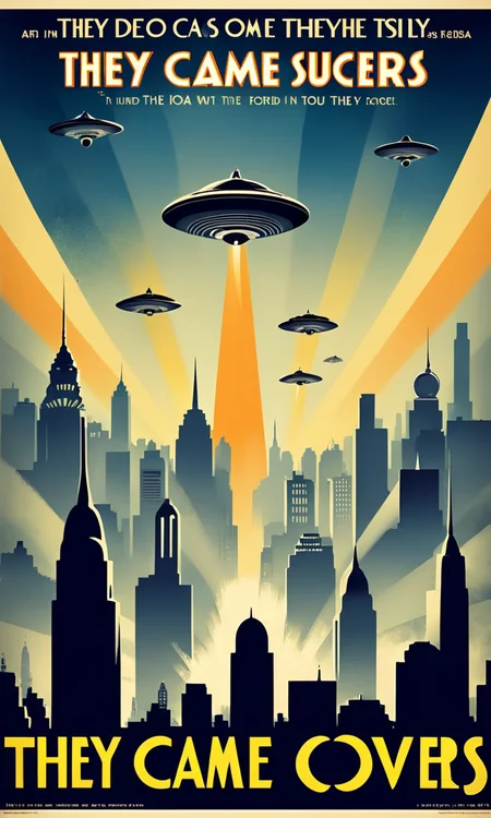 movie poster flying saucers over city, Text:" They Came...", <lora:artdecopostsdxl:0.7>, art deco style