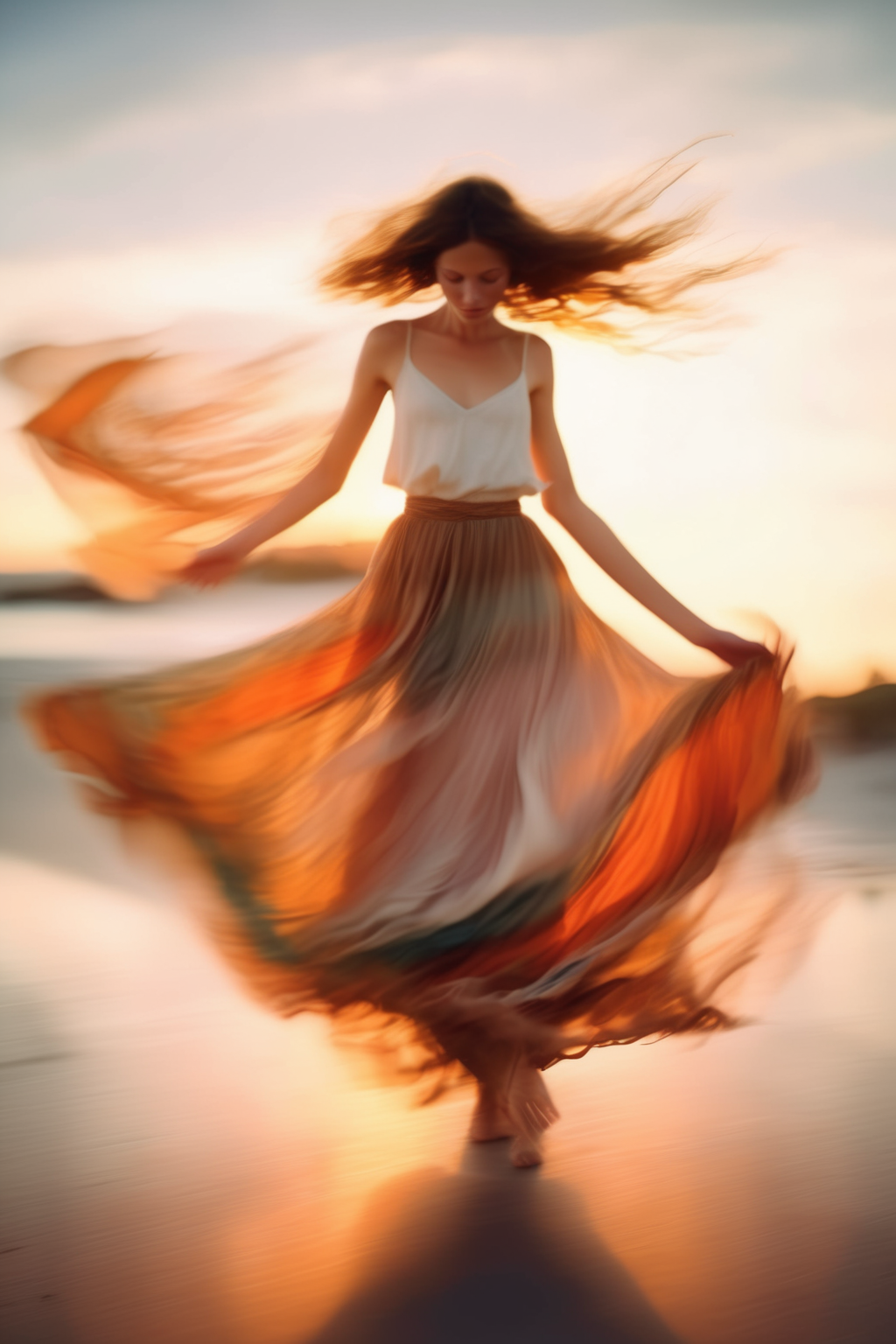 <lora:Elizabeth Gadd Style:1>Elizabeth Gadd Style - A model in a flowy bohemian skirt, twirling swiftly on a beach at sunset, captured with a slow shutter speed to show the fluid motion of her skirt.