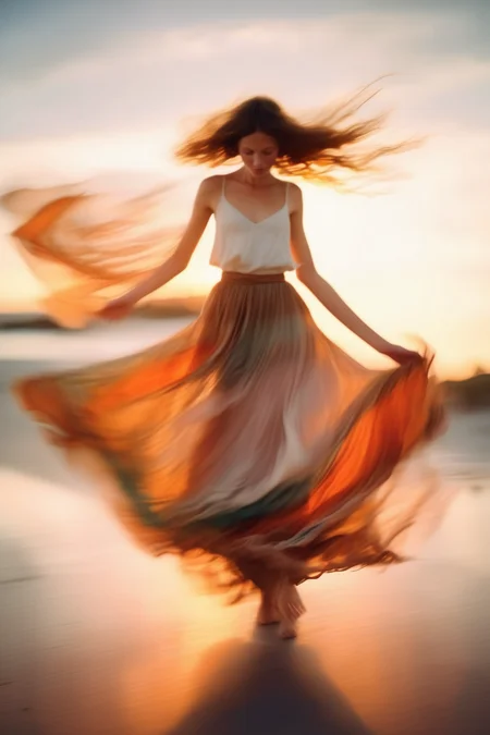 <lora:Elizabeth Gadd Style:1>Elizabeth Gadd Style - A model in a flowy bohemian skirt, twirling swiftly on a beach at sunset, captured with a slow shutter speed to show the fluid motion of her skirt.