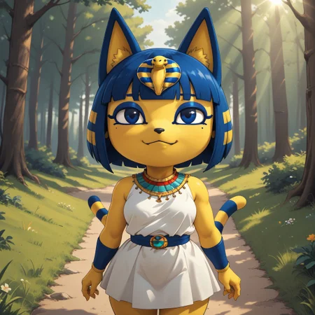 score_9, score_8, BREAK, solo, Ankha_The_Cat_(Animal Crossing), black_eyes, blue_hair, short_hair, yellow_skin, cat_girl, large_breasts, shortstack, shiny_skin, short_dress, white_dress, sleeveless, jewelry, self portrait, smile, looking at viewer, outdoors, sunlight, shadows, evening lighting, natural lighting, forest, trees, grass, orange sky, sunset