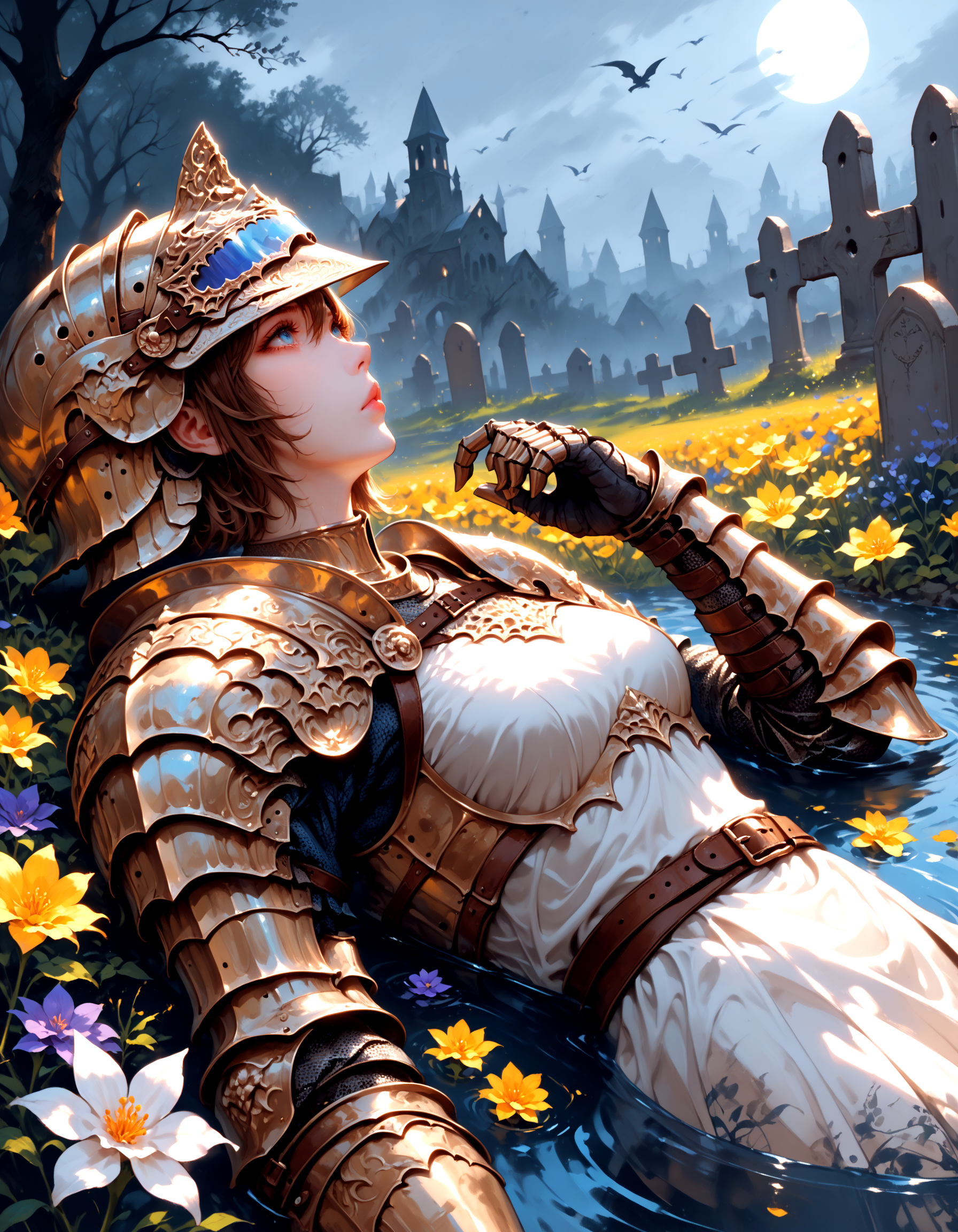 score_9, score_8_up, score_7_up, score_6_up, 1girl, solo, short hair, bangs, blue eyes, brown hair, hair between eyes, weapon, flower, outdoors, lying, belt, on back, water, armor, from side, profile, helmet, looking up, plant, white flower, shoulder armor, gauntlets, partially submerged, blue flower, breastplate, yellow flower, purple flower, knight, full armor, helm, plate armor, visor (armor), in a graveyard, supernatural lighting , moonlight,