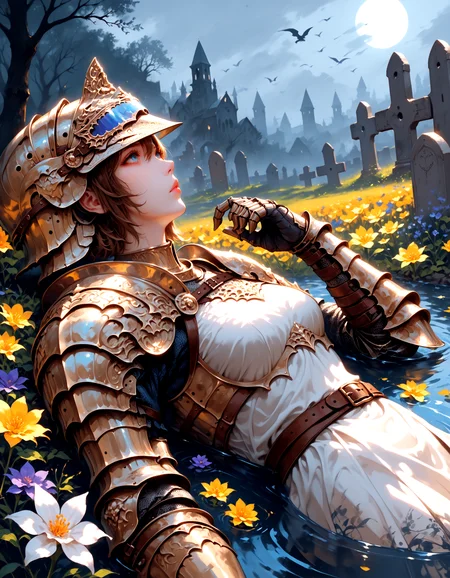 score_9, score_8_up, score_7_up, score_6_up, 1girl, solo, short hair, bangs, blue eyes, brown hair, hair between eyes, weapon, flower, outdoors, lying, belt, on back, water, armor, from side, profile, helmet, looking up, plant, white flower, shoulder armor, gauntlets, partially submerged, blue flower, breastplate, yellow flower, purple flower, knight, full armor, helm, plate armor, visor (armor), in a graveyard, supernatural lighting , moonlight,