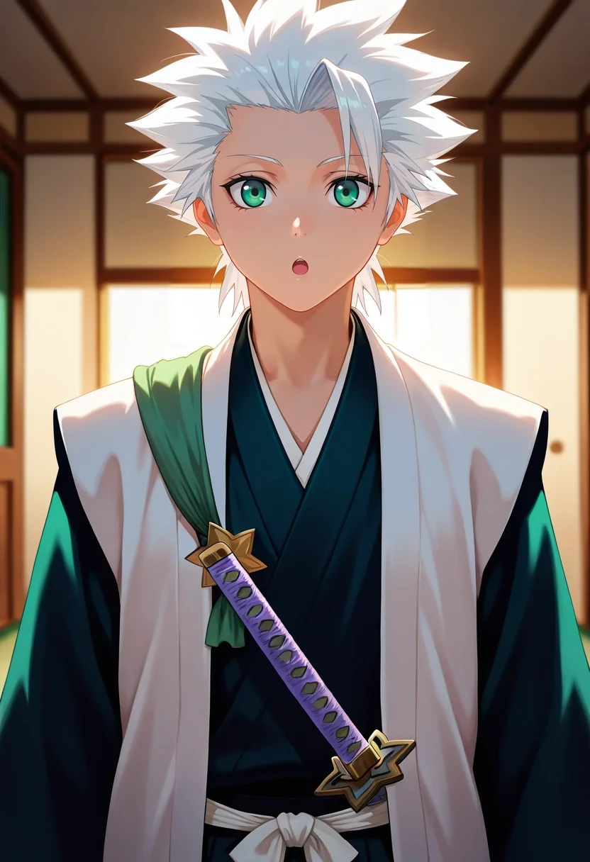 masterpiece, best quality, , (realistic:0.6), , depth of field, 1boy, solo, male focus, <lora:toushirou_hitsugaya_ilxl:1>, toushirou_hitsugaya, white hair, green eyes, spiked hair, , japanese clothes, haori. sword, , symmetry, apartment, indoors, light, arms at sides, :o, suit vest,
