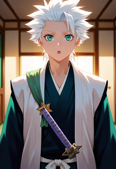 masterpiece, best quality, , (realistic:0.6), , depth of field, 1boy, solo, male focus, <lora:toushirou_hitsugaya_ilxl:1>, toushirou_hitsugaya, white hair, green eyes, spiked hair, , japanese clothes, haori. sword, , symmetry, apartment, indoors, light, arms at sides, :o, suit vest,