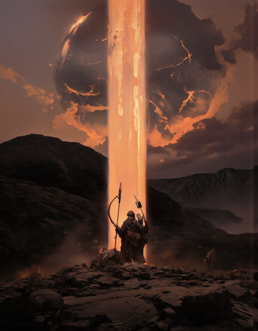 Art by Piotr JabÅoÅski. A digital illustration shoot from a low angle about a lone figure stands in a desolate landscape during sunset, holding a spear in one hand and a bow and arrow in the other. the image also shows a distant planet with streaks of light emanating from it, creating a dramatic atmosphere. on the middle of the image, a man, who appears to be in his late 20s, is standing with his back to the viewer, facing away from the viewer. he is wearing a long, dark robe and has a serious expression on his face. the man is holding a large, curved weapon with multiple blades, resembling a trident, in his right hand. he has a backpack slung over his shoulder. the scene is set against a dark, desolate landscape with distant mountains in the distance, and the sky is filled with a mix of orange and pink hues, indicating a sunset. the atmosphere is dramatic, with shadows and light effects adding to the sense of depth and dimensionality.