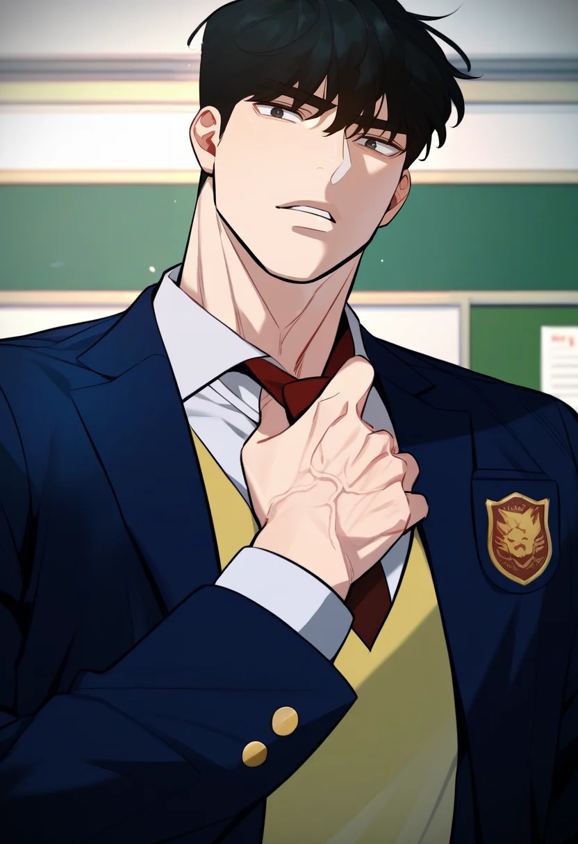 1boy, solo
<lora:Character - Designated Bully - Kwon Daegun:1> kwondaegun, black eyes, black hair, muscular, muscular male,
, zPDXL, score_9_up, score_8_up, score_7_up, score_6_up, score_5_up, score_4_up, best quality, normal aesthetic, absurdres, year2023, uncensored,
classroom, looking at viewer, portrait, school uniform, blazer, yellow vest, red necktie, adjusting necktie,