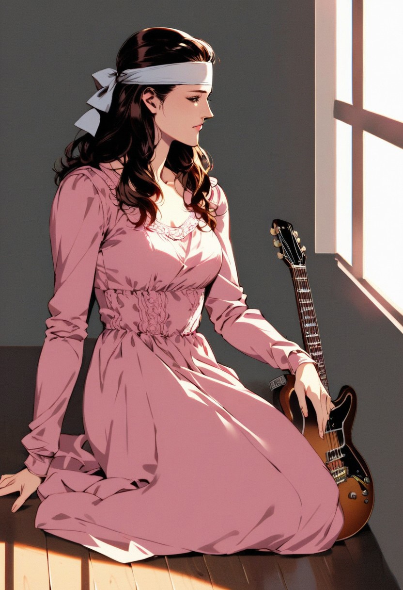score_9, score_8_up, score_7_up, 1girl, solo, brown hair, long hair, bangs, wearing pink dress, headband, playing guitar, sitting on floor, wooden window background, vintage style, natural lighting, high contrast, full body shot, serene and peaceful expression, relaxed and casual, detailed background, intimate and charming, cozy and nostalgic, artistic and creative atmosphere, soft and warm tones,yoji_shinkawa
