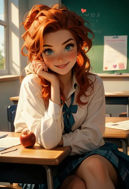 score_9,score_8_up, score_8, perfect cute face, perfect eyes, perfect hands, perfect feet, 1girl, sexy 24yo redhead, freckles, updo bun, sexy pose, teasing, school uniform, medium perfectly round breasts, looking directly at viewer, hourglass body, highest quality-style, sitting on a teachers desk, crossed legs, cute, hearts, bright colors, holding an apple, super cute, adorable
