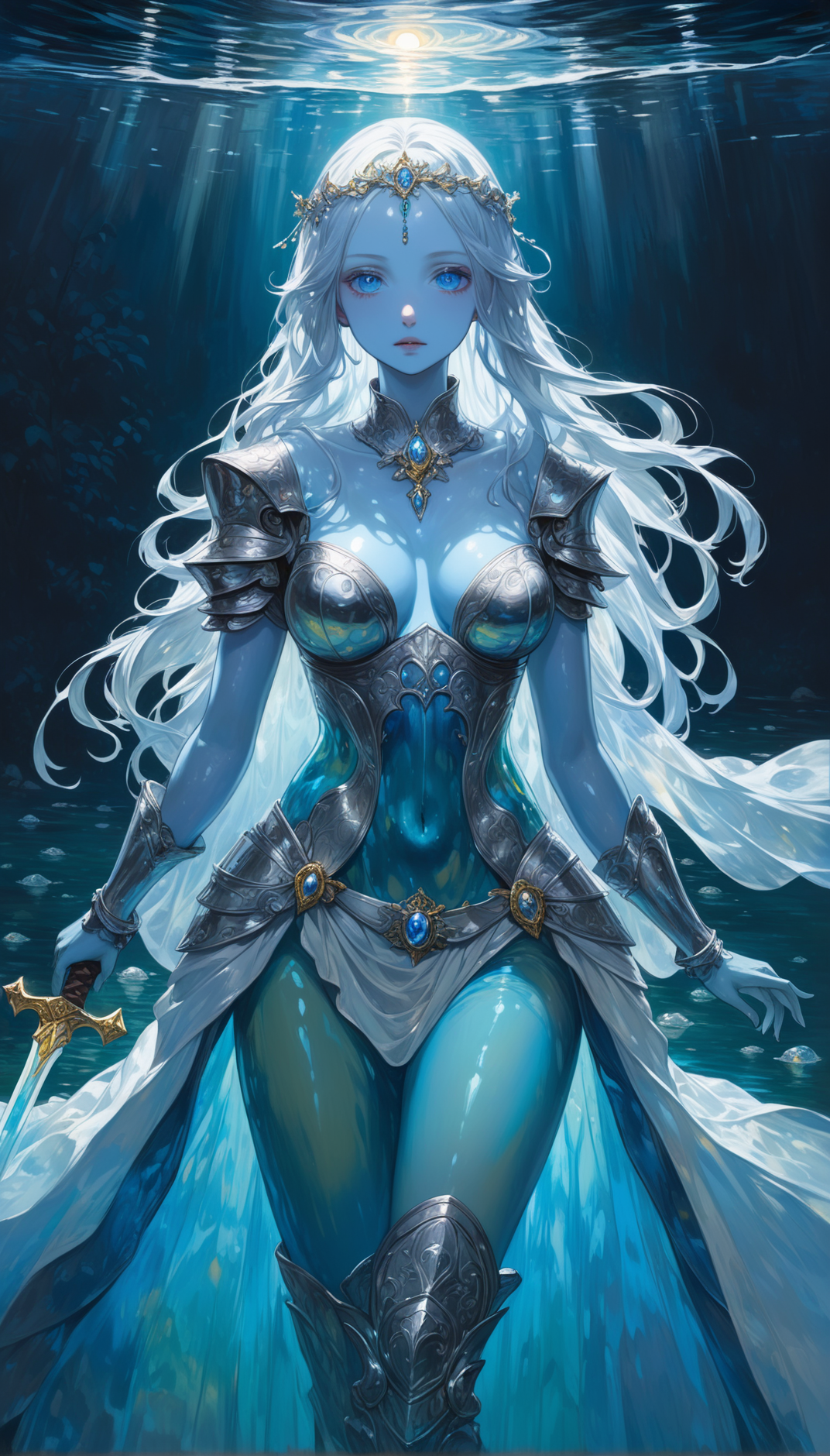 the lady of the lake, slime girl, slime, Gelatine, phantasmagorical figure, translucent blue skin, translucent body, colorful, partially submerged, moonlight, upper body, navel, extremely detailed,
[pearl:opal:0.5], oil painting \(medium\), oil painting, impasto, chiaroscuro, scumbling, alla prima, underpainting, very aesthetic, masterpiece, best quality, hyper detailed, ultra detailed, UHD, perfect anatomy, sword, dazzling ,transparent, waving sword, burnished silver, steel armor, shine armor, dazzling armor, detailed Illustration, official artwork, wallpaper, official art, extremely detailed eyes and face, beautiful detailed eyes, blue eyes,
emerging from lake, partially submerged, partially underwater shot,
<lora:Gelatine_XL:1>
<lora:castlevania_ayami_kojima_xl:1>
<lora:add-detail-xl:0.75>
<lora:quality1:0.75>
<lora:extremely_detailed:0.6>
<lora:IOS_Iridescent_opal_style:0.6>