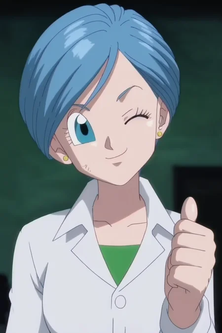 source_anime, score_9, score_8_up, score_7_up, anime screencap,8k, absurd res, 
bulma, 1girl, solo, looking at viewer, smile, short hair, blue eyes, jewelry, closed mouth, blue hair, collarbone, green shirt, upper body, earrings, one eye closed, collared shirt, hand up, blurry, head tilt, eyelashes, stud earrings, thumbs up, labcoat,official style, 
 <lora:bulma_super_pony_v1:0.8>