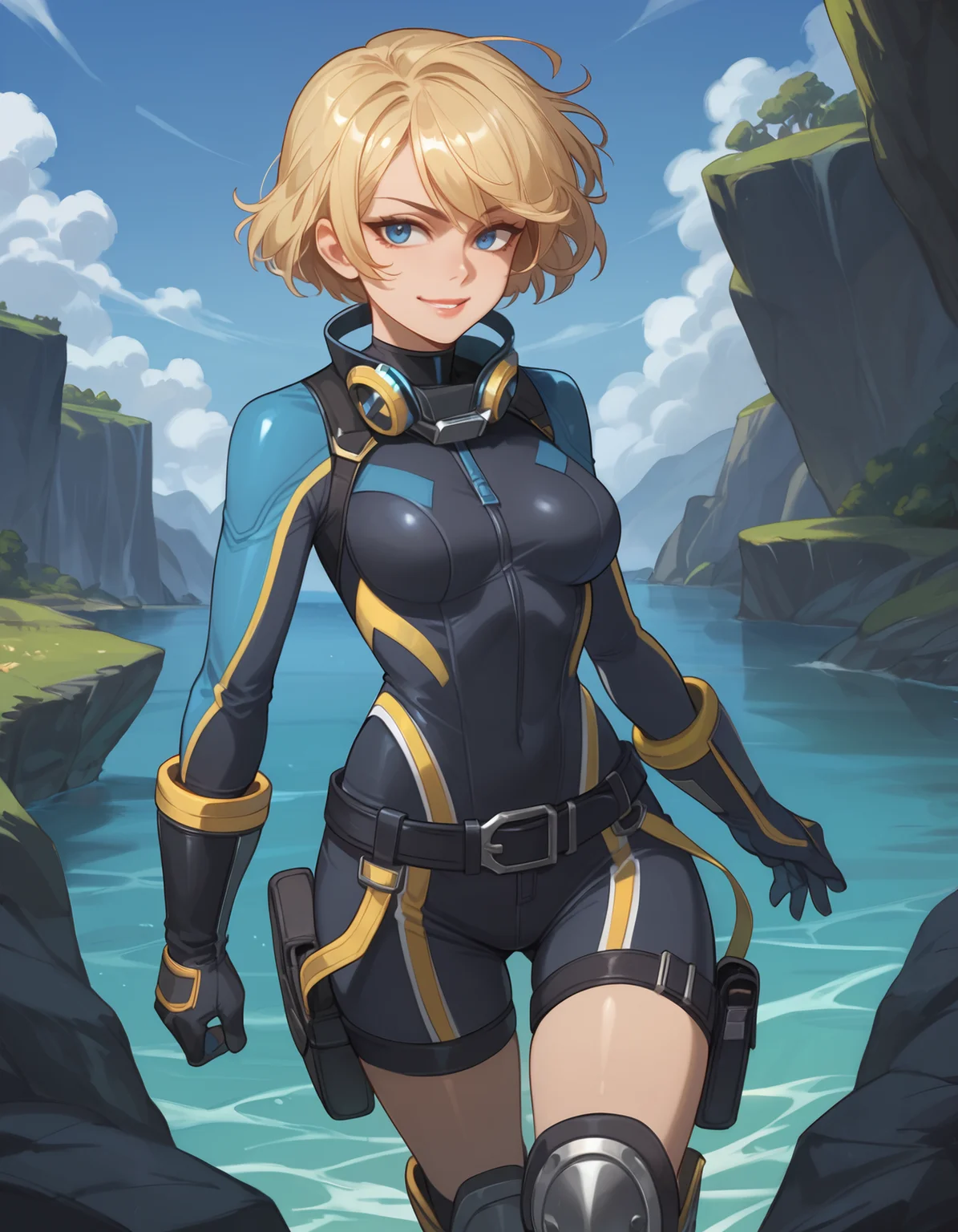 score_9,score_8_up,score_7_up,score_6_up,1girl,solo,gloves,bodysuit,belt,standing,thigh knee boots,blonde hair,short hair,black shorts,lipstick,blue eyes,medium breasts,thigh pouch,knee pads,looking at viewer,diving suit,smiling,2d,anime, <lora:MyTrainings\Temp\Catalyst_Stellar_Swimmer_XL_Pony.safetensors:0.5>