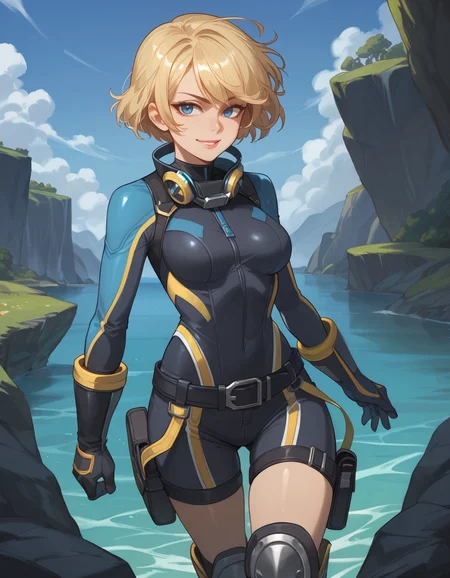 score_9,score_8_up,score_7_up,score_6_up,1girl,solo,gloves,bodysuit,belt,standing,thigh knee boots,blonde hair,short hair,black shorts,lipstick,blue eyes,medium breasts,thigh pouch,knee pads,looking at viewer,diving suit,smiling,2d,anime, <lora:MyTrainings\Temp\Catalyst_Stellar_Swimmer_XL_Pony.safetensors:0.5>