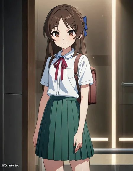 best quality,masterpiece, 4k, uncensored, prefect lighting, rating_explicit
1girl, solo,tachibana arisu, brown hair, brown eyes, long hair, bangs
tcbnarisu_BB, school uniform, backpack,white shirt, green skirt
standing,smile ,cowboy shot, looking at viewer
,newest,official art
<lora:tachibanaarisu_animagine_v1:0.7>