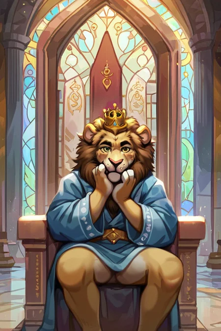 source_furry,  furry lion sitting on a throne, first under chin, looking at viewer, wearing royal clothing with robe and crown, interior of a castle,  <lora:Furry Style Pony Edition :0.7> ,  <lora:xl_more_art-full_v1:0.8>