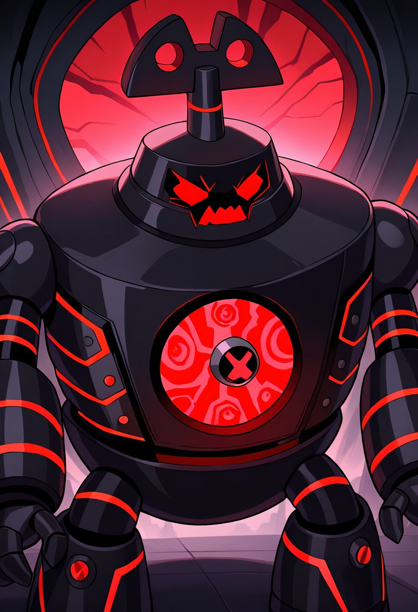 masterpiece, best quality, amazing quality, very aesthetic, absurdres, newest, 
 clockwork, robot, solo, no humans, 
black robot, red glowing lines, red eyes, angry eyes, red mouth, sharp mouth, crooked mouth, jagged mouth, evil mouth, red glowing lines, black robot shell,