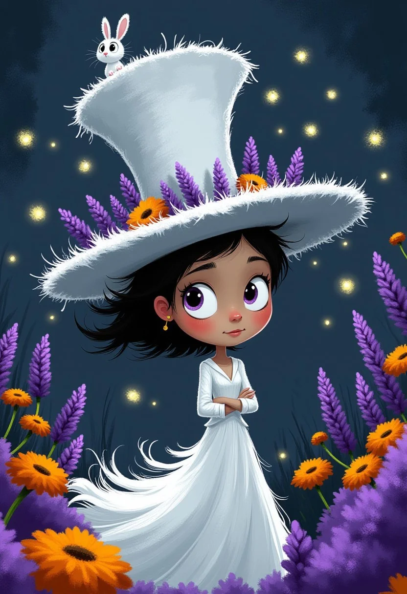 A whimsical illustration of a lanky young woman with enormous, mysterious violet eyes in dark whimsical art style, wearing a tattered white flowing dress and an impossibly tall white top hat adorned with purple lavender and orange marigolds, accompanied by a tiny white rabbit with spiky fur and huge curious silver eyes perched atop her hat, digital painting with ethereal brushstrokes showing delicate fabric textures and wild flowing hair, twilight garden background with glowing fireflies, characteristic Tim Burton inspired design with her eyes reflecting moonlight
