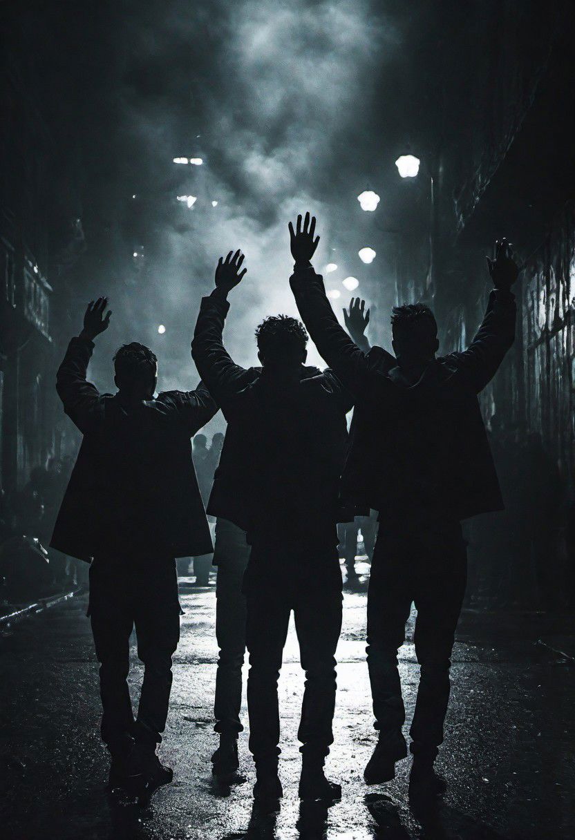 cinematic photo dark photo of a dangerous group of men backing up with their hands in the air, on a dark city street, <lora:Into_Darkness:1>, 35mm cinematic, film, bokeh,  professional, 4k, highly detailed, 35mm photograph, film, bokeh,  professional, 4k, highly detailed
