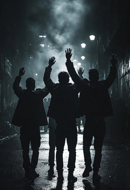 cinematic photo dark photo of a dangerous group of men backing up with their hands in the air, on a dark city street, <lora:Into_Darkness:1>, 35mm cinematic, film, bokeh, professional, 4k, highly detailed, 35mm photograph, film, bokeh, professional, 4k, highly detailed