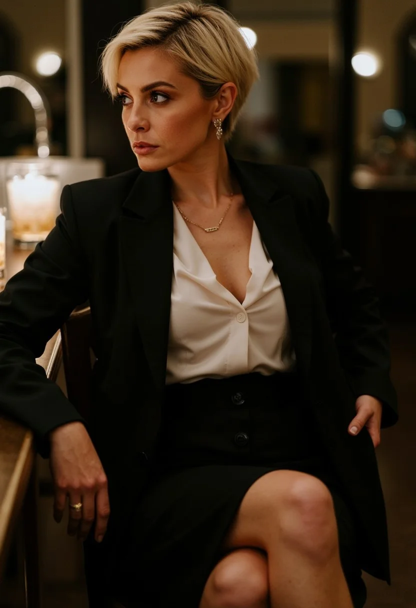 A **Voluptuous 50-year-old American woman**, radiating power and elegance, sits at a **dimly lit luxury hotel bar**, captured in a **candid, unposed moment**. Her **short blonde pixie haircut**, styled with a touch of **wet hair gel**, gives her a contemporary and bold look. She wears a **fitted white button blouse with deep cleavage**, which subtly hugs her **large breasts**, paired with a **black pencil skirt** that flows effortlessly as she crosses one leg over the other. Her **tailored black blazer** adds a layer of sophistication, while her **heels**, resting on the ground, assertively elevate her poised stance.  
The woman glances **over her shoulder** with a **teasing yet commanding gaze**, her eyes locked with the camera in a moment of **silent confidence**. A **whiskey glass** rests on the bar beside her, the soft glow from the ambient lighting reflecting off the liquid. Her **elegant jewelry**, including a simple **necklace** and **earrings**, adds a subtle luxury to the scene.  
The photograph is taken in the **signature candid, raw style of Helmut Newton**, capturing the **natural, unposed energy** of the scene. The **dim lighting** highlights the sharp angles of her face and the curve of her silhouette. **Deep shadows** create a moody atmosphere, while the focus on her eyes brings an undeniable intensity to the frame. The shot feels **intimate**, almost like a stolen moment in time, emphasizing her confident and mysterious allure. The background is softly blurred, giving the image a sense of **timeless fashion photography**, capturing a powerful yet understated moment of grace.