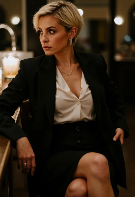 A **Voluptuous 50-year-old American woman**, radiating power and elegance, sits at a **dimly lit luxury hotel bar**, captured in a **candid, unposed moment**. Her **short blonde pixie haircut**, styled with a touch of **wet hair gel**, gives her a contemporary and bold look. She wears a **fitted white button blouse with deep cleavage**, which subtly hugs her **large breasts**, paired with a **black pencil skirt** that flows effortlessly as she crosses one leg over the other. Her **tailored black blazer** adds a layer of sophistication, while her **heels**, resting on the ground, assertively elevate her poised stance.
The woman glances **over her shoulder** with a **teasing yet commanding gaze**, her eyes locked with the camera in a moment of **silent confidence**. A **whiskey glass** rests on the bar beside her, the soft glow from the ambient lighting reflecting off the liquid. Her **elegant jewelry**, including a simple **necklace** and **earrings**, adds a subtle luxury to the scene.
The photograph is taken in the **signature candid, raw style of Helmut Newton**, capturing the **natural, unposed energy** of the scene. The **dim lighting** highlights the sharp angles of her face and the curve of her silhouette. **Deep shadows** create a moody atmosphere, while the focus on her eyes brings an undeniable intensity to the frame. The shot feels **intimate**, almost like a stolen moment in time, emphasizing her confident and mysterious allure. The background is softly blurred, giving the image a sense of **timeless fashion photography**, capturing a powerful yet understated moment of grace.