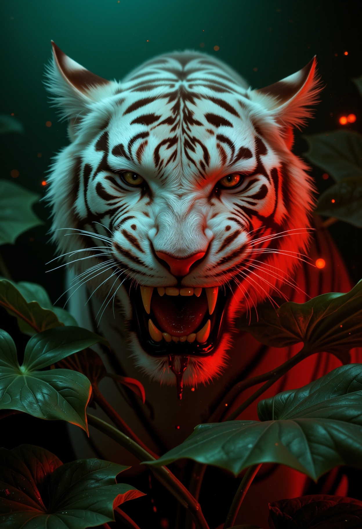 Doomguy style, cinematic close-up portrait of a majestic white tiger, staring at the camera with a bloody face, its mouth open, snarling and roaring, revealing sharp fangs dripping crimson. A dark greenish background with monstera leaves, with glowing wisps of liminal fog surrounding it in a dramatic red light, and shining light particles floating in the air. An analog film photo, with heavy film grain that creates a grainy texture, light leaking from the sides, lens and chromatic aberration that shift rgb colors, a shallow depth of field, and cinematic lighting.
<lora:Doomguy v1.5:0.8>