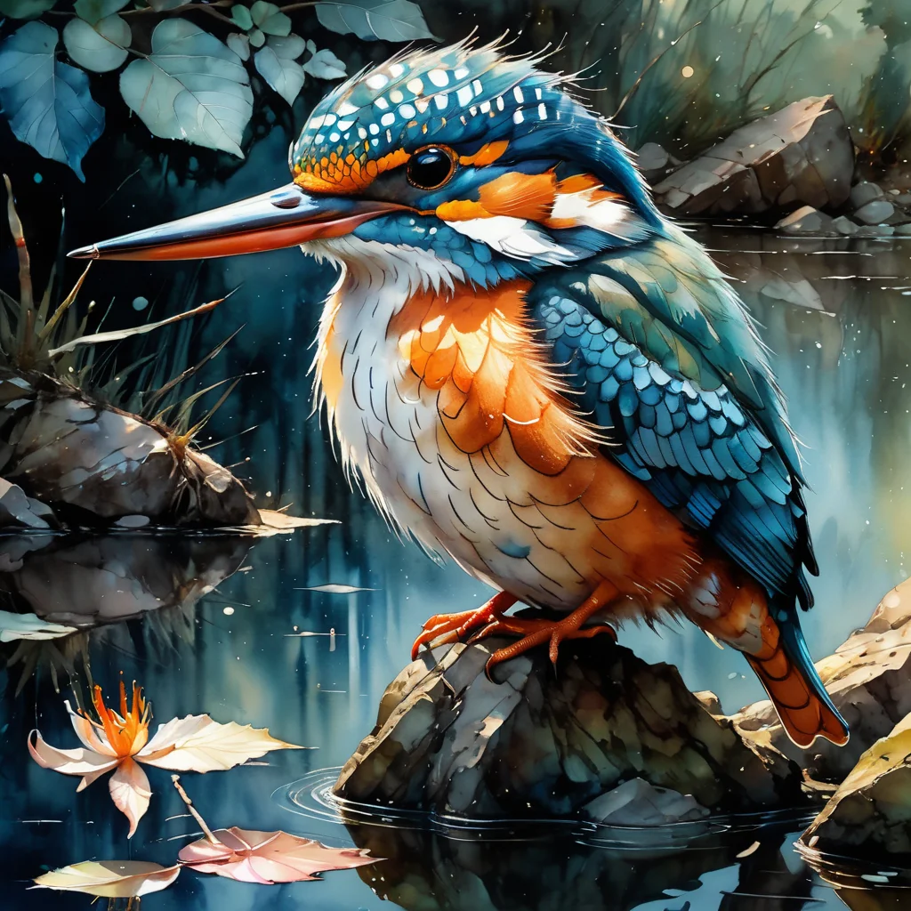 adorable king fisher at a pond, high quality watercolor, reflecting detailed feathers, opaque paint on matte surface, Thomas Kinkade, MW Kaluta, Android Jones, Russ Mills, James Jean, Sui Ishida, Edwin Landseer, Albrecht Dürer, ultradetailed, intricately detailed, well balanced color depth, Perfect Composition, iridescent watercolor, amazing depth, diffuse back light, polished, masterwork by head of prompt engineering, <lora:add-detail-xl:0.5> <lora:hyperkraximalism_v1-1:0.5>