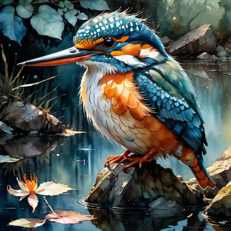 adorable king fisher at a pond, high quality watercolor, reflecting detailed feathers, opaque paint on matte surface, Thomas Kinkade, MW Kaluta, Android Jones, Russ Mills, James Jean, Sui Ishida, Edwin Landseer, Albrecht Dürer, ultradetailed, intricately detailed, well balanced color depth, Perfect Composition, iridescent watercolor, amazing depth, diffuse back light, polished, masterwork by head of prompt engineering, <lora:add-detail-xl:0.5> <lora:hyperkraximalism_v1-1:0.5>