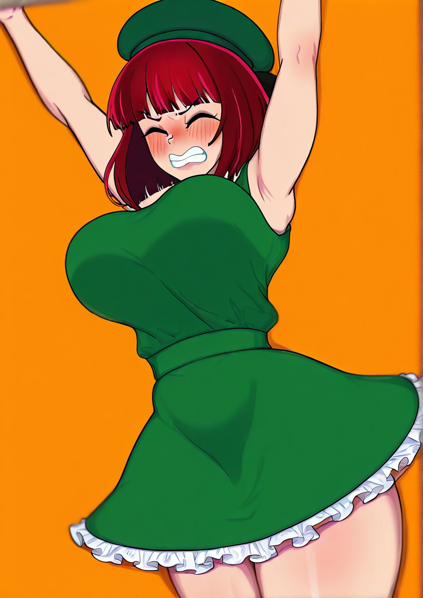 1girl, arima kana, huge breasts, deep penetration, arms up, blush, clenched teeth, closed eyes, cowboy shot, dress, dutch angle, frilled dress, frills, green dress, green headwear, long sleeves, medium hair, pinafore dress, red hair, sleeveless, sleeveless dress, smile, solo, teeth, <lora:ZOObastik:1.1>