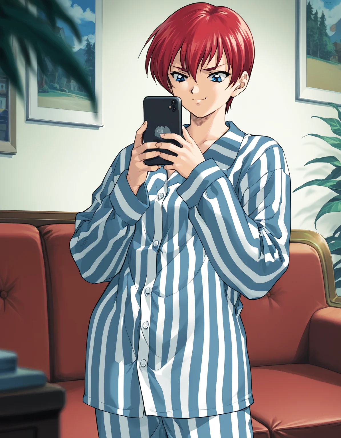 score_9,  score_8_up, score_7_up, <lora:shuusaku-v2-ponyxl-000016:0.9> asami, short hair, red hair, blue eyes, striped pajamas, vertical stripes,
1girl, solo, couch, looking down, smug, raised eyebrows, looking at phone