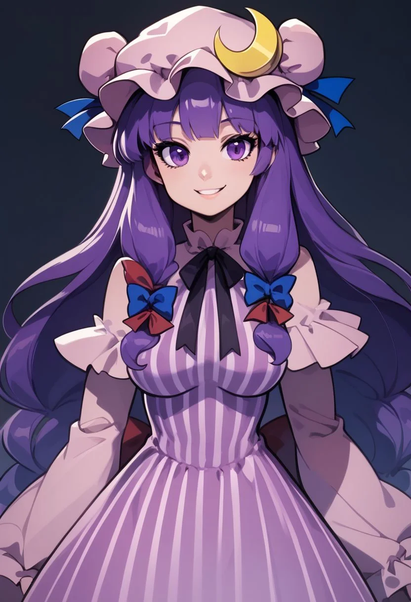 masterpiece, best quality, ultra-detailed, illustration,
score_9, score_8_up, score_8, medium breasts, (curvy), cute, eyelashes,
patchouli knowledge, 1girl, dress, (purple hair, purple eyes:1), long hair, mob cap, crescent hat ornament, ribbon, dress, vertical stripes, smile,