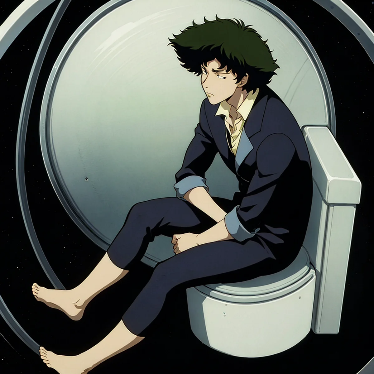 1boy, spike spiegel, sitting in toilet, sad, in space, stars