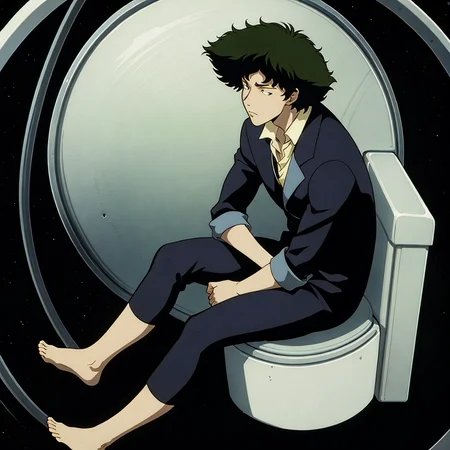 1boy,  spike spiegel, sitting in toilet, sad, in space, stars
