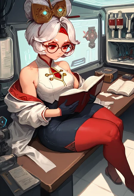score_9, score_7_up BREAK purah, white hair, red eyes,hair ornament, red headband, red glasses, sleeveless shirt, white coat, black skirt, red leggings, gloves,sitting,desk,reading ,thick thighs,laboratory,science fiction <lora:ujac_pd_glora_t1:1> <lora:purah-pdxl-nvwls-v1:0.8>