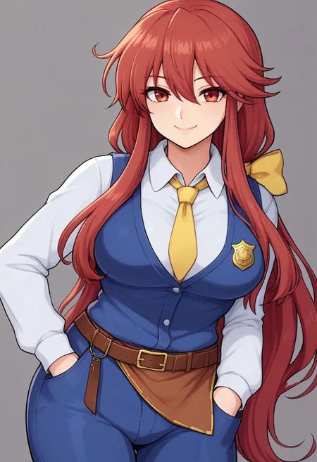 score_9, score_7_up, source_anime, source_cartoon, perfect face, EyesHD, BREAK, (illustration), intricately detailed illustration, Exquisite color design, (best quality, ultra detailed), smooth skin, high details, (1girls), mature female, beauty, thick thighs, big breasts, kotohime (touhou), long hair, red hair, bangs, low-tied long hair, (hair bow, yellow bow), red eyes, white shirt, collared shirt, long sleeves, yellow necktie, blue vest, buttoned vest, police badge, brown belt, blue pants, hands in pockets, looking at viewer, smile, closed mouth, simple background,