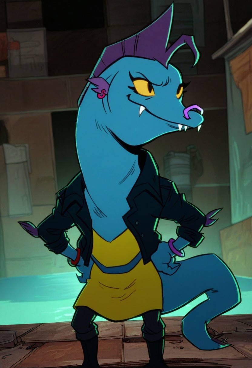score_9_up, score_8_up, score_7_up, score_6_up, 1girl, solo, lee_tmnt, furry female, purple mohawk, fangs, nose ring, earrings, bracelets, black leather jacket, yellow dress, pants, boots, yellow eyes, yellow sclera, (standing in a sewer), hands on hips, smug smile
