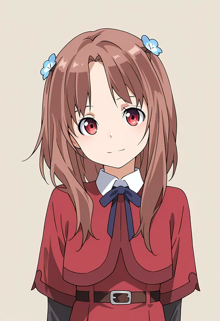masterpiece,best quality,amazing quality, 1girl, c-hozuki, medium hair, brown hair, red eyes, hair flower, red dress, white collared shirt, brown belt, blue neck ribbon, layered sleeves, short over long sleeves, upper body, looking at viewer, simple background, beige background, light smile, <lora:Hozuki_Ferrari_ILLUS_c:1>