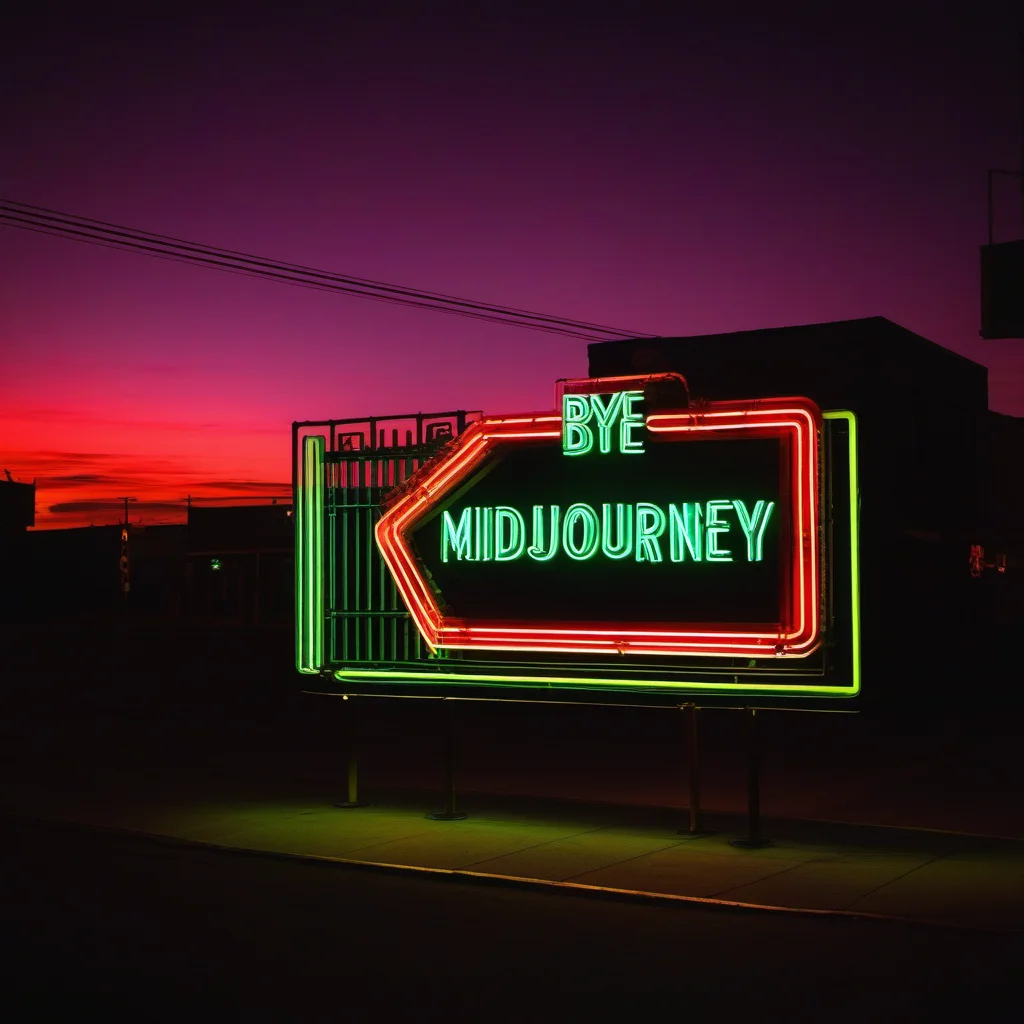 Neon sign displaying "Bye, Midjourney"