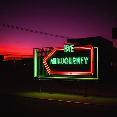 Neon sign displaying "Bye, Midjourney"