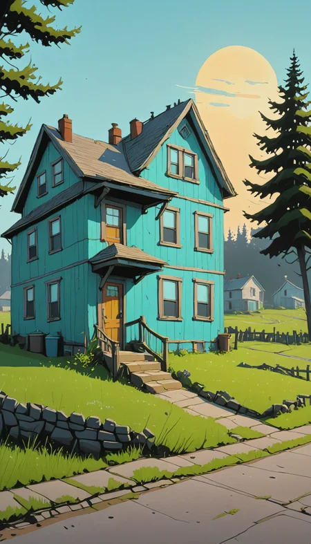 <lora:Everly_Heights_Backgrounds_New_Settings:1> a rundown house on the outskirts of Everly Heights, a painting, background art.