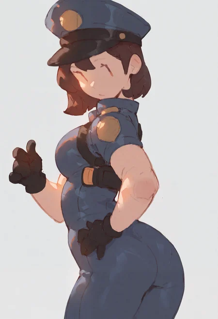 masterpiece, highres, absurdres, newest, very awa, sketch, simple background, 1girl, solo, short hair, brown hair, ||, black gloves, police uniform, policewoman, peaked cap, breasts, ass, hand on hip, <lora:spo_sdxl_10ep_4k-data_lora_webui>, <lora:NOOB_EPSv1_1_detailer_by_vlnvk_v1_0:0.4>, <lora:ponyv5_noobV065S_1_adamW-000013:0.4> <lora:nbekkaliev:0.8>,