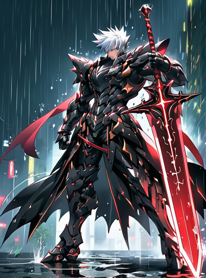 1boy, Arcana, armor, black armor, closed mouth, full body, gauntlets, holding, holding sword, holding weapon, male focus, planted, planted sword, rain, red eyes, shoulder armor, solo, spiked hair, standing, sword, weapon, white hair <lora:Arcana_XL:0.65>