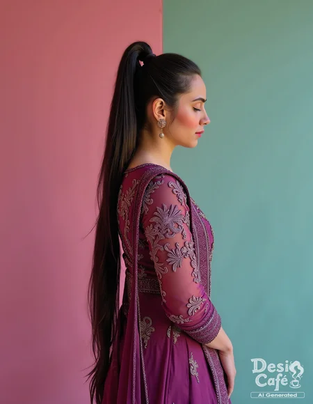 side view photo of z4hr4h kh4n woman, hyper realistic photo that is safe for work, studio quality image with natural colors, well dressed wearing intricate long sleeved Aubergine Churidar Suit, hair styled as high ponytail,muted pastel shaded multicolored background that contrasts with the person, cinematic lighting,âââââ âââ <lora:z4hr4h_kh4n_Zahrah_Khan_Flux_Kohya_V1:1>âââ