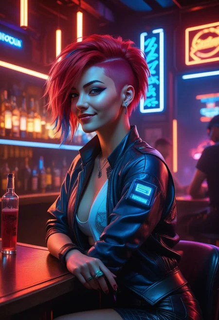 cyberpunk vibe,bright cyberpunk glow,the cyberpunk girl portrait,young adult woman,seductive pose,red and blue hair,side swept haircut,joyfully smiling,hyper-realistic cyberpunk style,sitting at the bar,neon lights,cyberpunk bar,smoke,cyberpunk,indoors,solo,dynamic angle