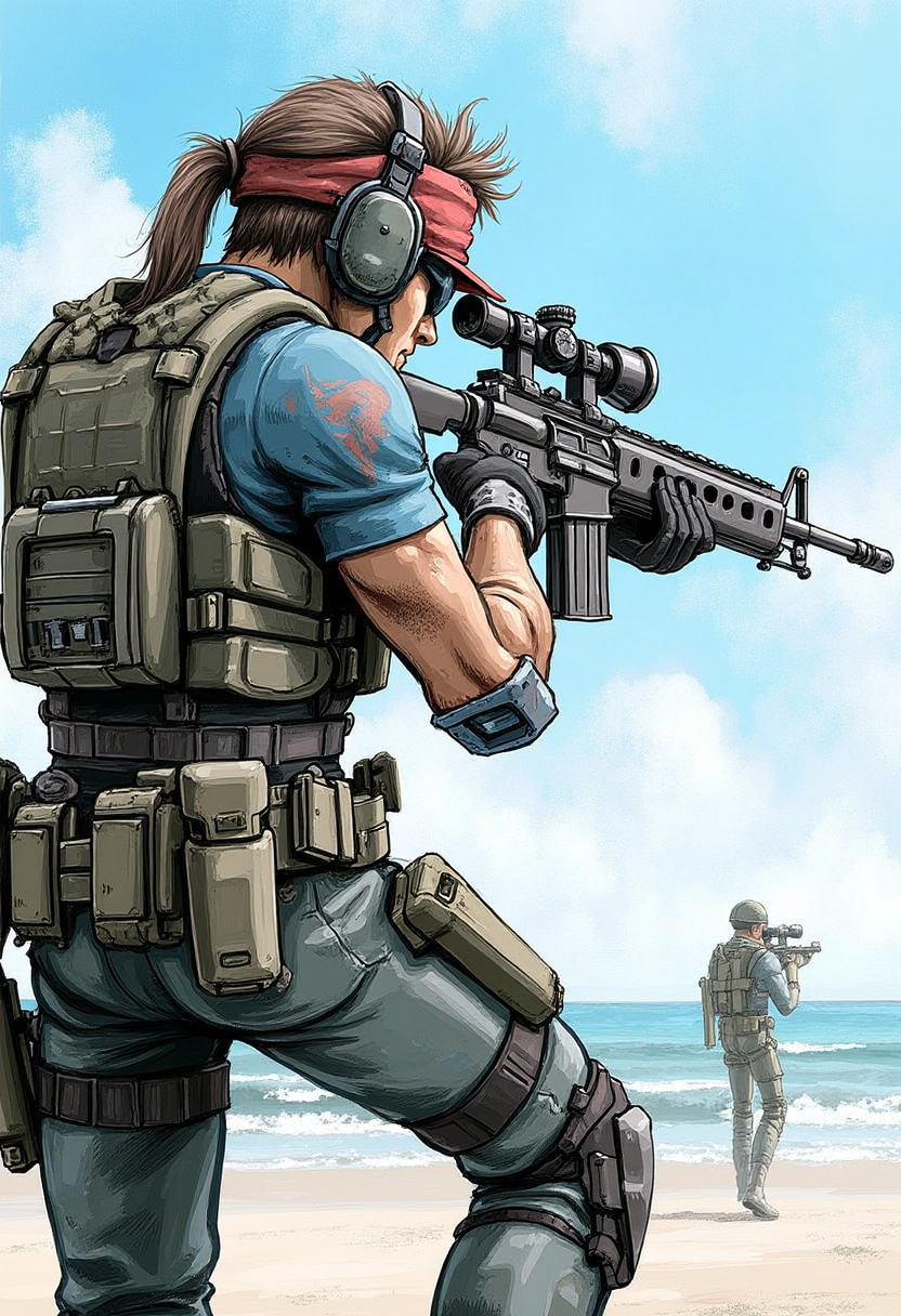 YFG-Hamrater inksketch, make a stunning composition that leads the viewers eyes, solid snake character from metal gear solid is hunting enemies at the beach, aiming with a big sniper rifle at them. limited palette.