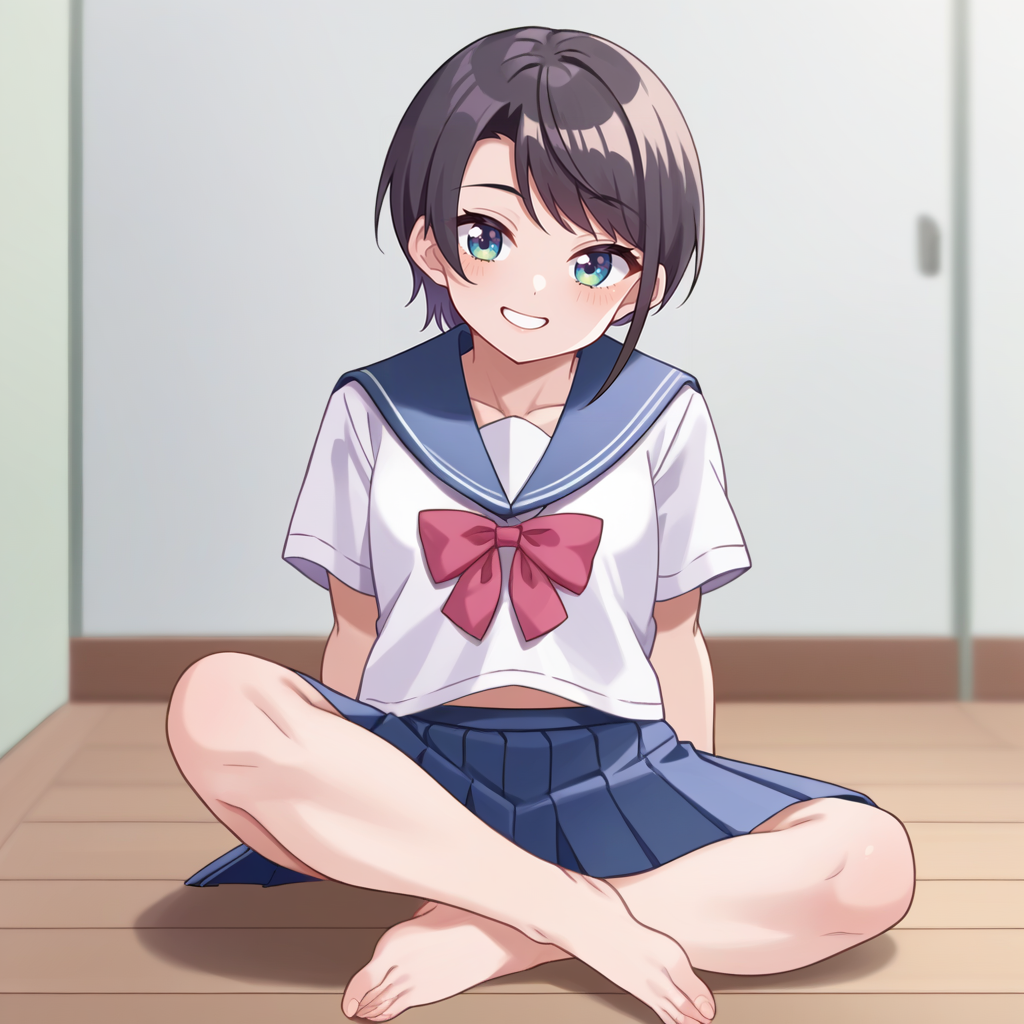 score_9, score_6_up BREAK source_anime, 1girl, solo, wooden floor, subaru_school, serafuku, pleated skirt, sitting, crossed legs, smile <lora:shubashubaXL-05:1>